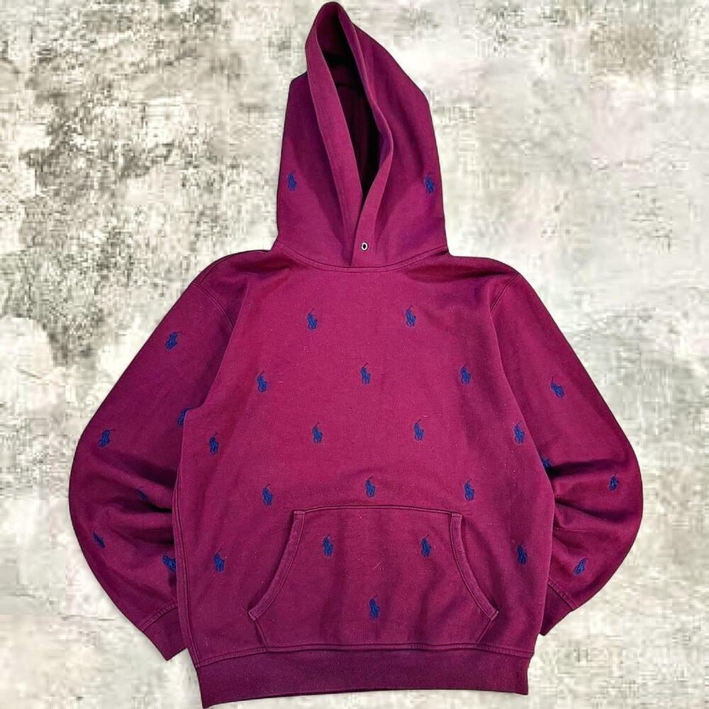 Polo Ralph Lauren Burgundy Pony All Over Pullover Hoodie Rare Size M AOP red